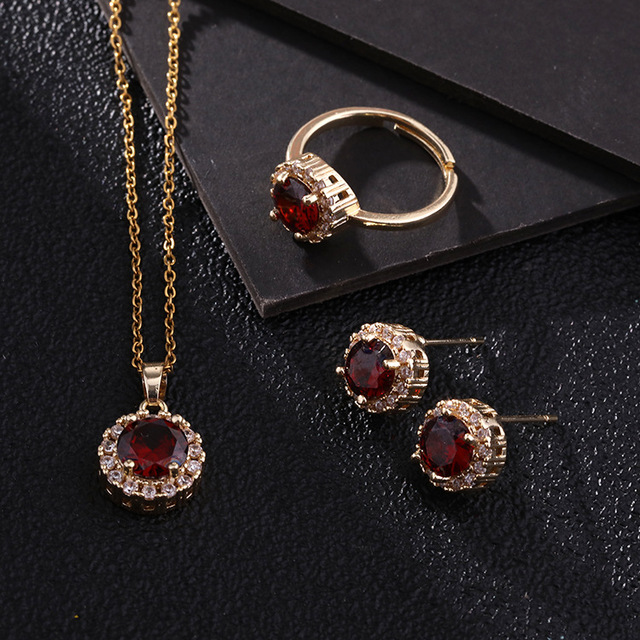 PFT Temperament Micro Inlaid Colored Zirconia Copper Plated Heart Shape Jewelry Set Necklace Ring Earrings Wedding Pendant