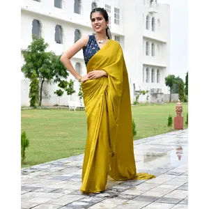 Sari de Seda Satinada Verde Solitario, Ligero, para Fiestas de Verano, Talla Única para Mujer, Corte Holgado, Estilo Elegante - Product Image 2