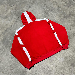 Red Hoodie With <b>White</b> Side Strip Patch Work Oversized Boxy Fitted Trendy Style Embroidery Color Block - Product Image 3