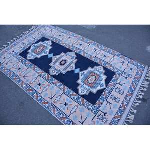Classique Bleu Beige Patchwork Laine Tapis 4.1x 6.6ft Vintage Turc Design pour Salon Décorations Latex Soutenu 9x12 - Product Image 4