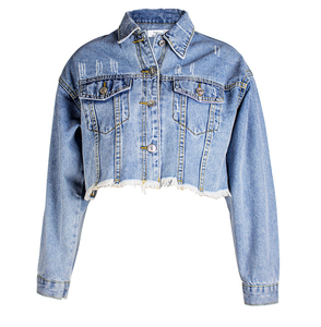 Veste en jean personnalisée de style décontracté pour femmes veste en jean à bord brut avec garniture en coton technique lavée décoration de bouton pour l'hiver - Product Image 3