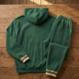 Custom Forest <b>Green</b> Heavyweight Fleece Acid Wash Vintage Tracksuit Set <b>Men's</b> Chenille Letter Patch Embroidery Hoodie Ribbed - Product Image 2