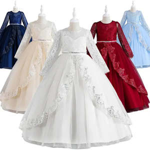 Robe de bal à manches longues pour enfants avec col montant, dentelle, sequins et motifs imprimés - Product Image 1