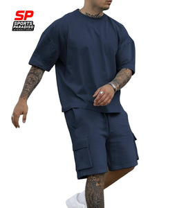 Conjunto de 2 Piezas para Hombre, Camiseta Casual Holgada de Verano, Transpirable, de Spandex/Algodón, Tejido sin Costuras con Logotipo Frontal y Pantalones Cortos Cargo - Product Image 2