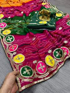 Sari en Georgette pur avec imprimé Bandhani de Jaipur et magnifique travail Gota Bangali sur le pallu et la bordure - Product Image 6