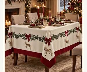 Nappe de Noël brodée imperméable classique 100% coton, motif guirlande de sapins et cheval de carrousel, bordure rouge, luxe pour les fêtes - Product Image 1