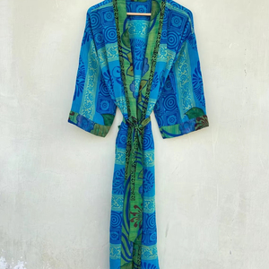Robe Kimono de fête vintage bleue et verte avec ceinture pour la vie quotidienne et les saisons d'été et de printemps - Product Image 1