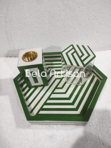 Plateau hexagonal décoratif en incrustation d'os jaune vif avec couvercle et support - Product Image 4