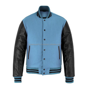 Blouson universitaire 2026 OEM bleu ciel emblématique en laine avec manches en cuir noir, col montant, pour homme, haute qualité, faible MOQ, blouson chauffant tendance - Product Image 1