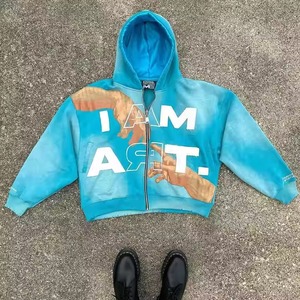 Sweat à capuche à fermeture éclair pour hommes personnalisé col à capuche vieilli délavé à l'acide brodé Streetwear - Product Image 1