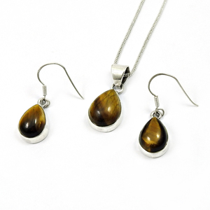 Regalo de vacaciones para mujer, conjunto de joyas de piedras preciosas de ojo de Tigre, colgante de collar de gota de corte de pera y conjunto de pendientes, joyería occidental bonita a la venta - Product Image 1