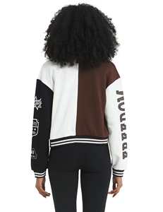 แจ็คเก็ตเบสบอลทรงบอมเบอร์ครอปสำหรับผู้หญิง สไตล์สตรีทแวร์ ดีไซน์หรูหรา แจ็คเก็ตวาร์ซิตี้ทรงครอปสำหรับผู้หญิง ตัวเสื้อทำจากผ้าขนสัตว์ แขนเสื้อทำจากหนัง - Product Image 2