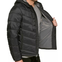 Veste matelassée noire à capuche pour homme, coupe-vent en polyester, manteau d'hiver formel avec fermeture éclair sur le devant, épaisse et isolée, coupe droite, col montant
