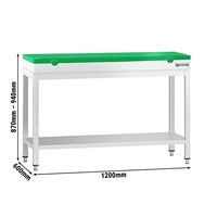 Table de travail commerciale en acier inoxydable PREMIUM - 1200x600mm - avec étagère inférieure - avec planche à découper verte