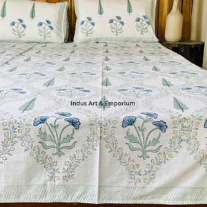 Parures de lit indiennes artisanales Sanganeri imprimées à la main, draps de lit avec taies d'oreiller - Product Image 6