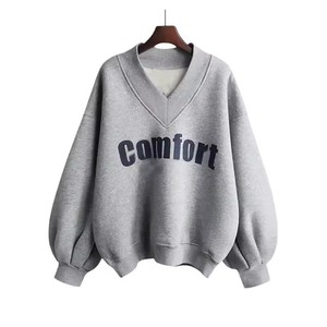 2024 col en V polaire sweat surdimensionné femmes coton pull en gros sweats à capuche courts col en V sweats/pull - Product Image 3