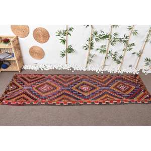 Vintage Ethnic Large Area Wool Rug 3x9.8ft Brown <b>Red</b> with Geometric Patchwork Rectangle Hallway Pattern <b>Latex</b> Backed for Teens - Product Image 2
