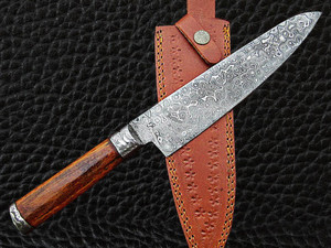 Cuchillo de cocina de acero de Damasco hecho a mano con mango de madera acolchado personalizado de alta calidad y Funda de cuero para cortar verduras - Product Image 3