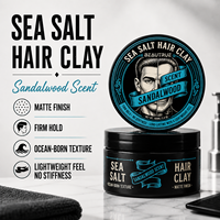 Argile coiffante au sel marin pour hommes, fini mat, tenue ferme, pâte texturisante, parfum bois de santal, marque privée, vente en gros OEM