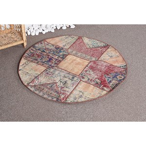 พรมสไตล์ตุรกีโบราณโบฮีเมียนสีเบจสีแดงขนาดใหญ่3.3ft x 3.3การออกแบบการเย็บปะติดปะต่อกันวัสดุขนสัตว์น้ำยางสำหรับห้องโถงห้องข้างเตียง - Product Image 2