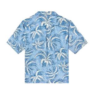 Conjunto de camisa y pantalones cortos azules de frondas de palma en cuello de una sola pieza con estampado vintage de Tencel perfecto para verano, playa, piscina o días Casuales - Product Image 3
