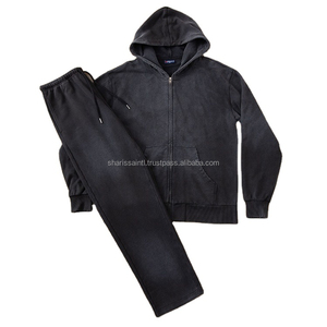 Unisex Sweatsuits Men's Acid Wash Zipper Hoodie & Loose Fit Straight Leg <b>Pants</b> Own Your Logo 100% Cotton Distress Tracksuit Sets - Product Image 1