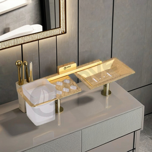 Jabonera rectangular de acero inoxidable PVD dorado con soporte para vaso, accesorio de baño montado en la pared para interiores de lujo - Product Image 1