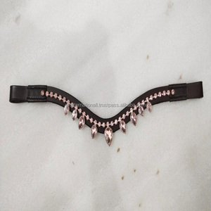 Bande de front de cheval en cuir noir personnalisé en forme de vague avec des cristaux décoratifs en or rose - Product Image 4