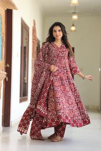 Conjunto Anarkali Tradicional de Algodón Estampado a Mano, Top hasta la Rodilla, Dupatta a Juego, Elástico y Reversible para Fiesta - Product Image 5