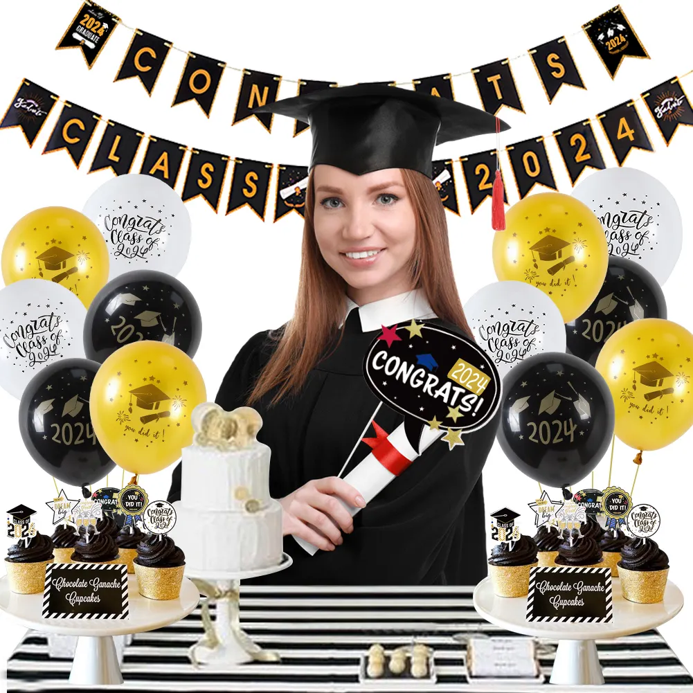 85pcs Cake toppers graduation props graduation decor balloons 2024 Graduation Party Decoration Set