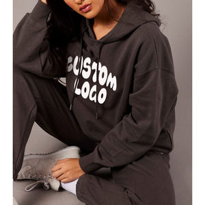 100% coton polaire dames à capuche ensemble bouffée impression 500gsm haute épaisseur éponge française blanc surdimensionné Streetwear personnalisé femmes - Product Image 2