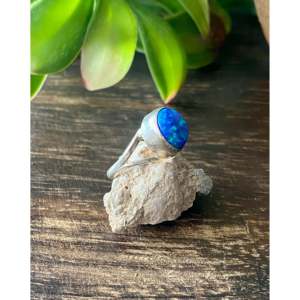Navajo Handmade Sterling Silver <b>Ring</b> with <b>Blue</b> <b>Opal</b> Inlay Vintage Statement Jewelry Size 7.25 - Product Image 3