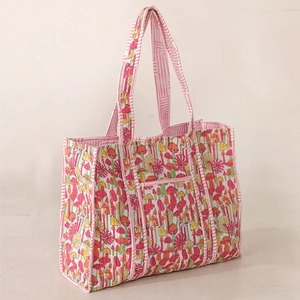 Floral Print Cotton Kantha Quilt Vintage Bohemian Zipper Closure Fashion Tote Shoulder <b>Bag</b> for All Seasons - Product Image 4