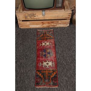 Petit tapis turc 1x3,5 pieds, tapis géométrique vintage rouge arc-en-ciel - Product Image 1