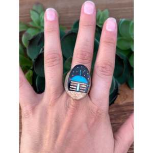 Gilbert Smith Men's Rhodium Plated Sterling Silver <b>Turquoise</b> Inlay <b>Ring</b> Geometric Pattern Size 11.5 - Product Image 2