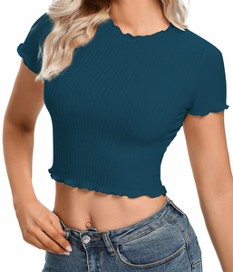 T-shirt court avec logo personnalisé de haute qualité, hauts pour femmes, haut moulant décontracté pour femmes, vente en gros en usine - Product Image 4