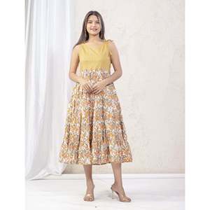 Vestido de algodón estampado Jaal blanco y amarillo con tirantes, diseño personalizado, elegante, casual, largo hasta el suelo, transpirable, ODM para el día a día - Product Image 3