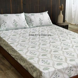 Indian Handcrafted Sanganeri Hand Block Printed 300tc 100% Cotton Flat <b>Sheet</b> Set Pillow Cover for Hotel Use Adults Machine Wash - Product Image 4