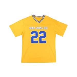 Sigma Gamma Rho sgrho เสื้อฟุตบอลสีทองขนาดใหญ่สไตล์กรีกเสื้อยืดทีมผ้าโพลีเอสเตอร์ปักโลโก้แบบทีมด้านหน้าและด้านหลังไหล่100% - Product Image 3