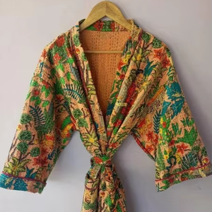 Veste Kimono Réversible en Coton Kantha Unisexe, Robe à Fleurs de Luxe Faite à la Main, Manteau Pêche Tropicale avec Cordon, pour Tenue Décontractée Printemps - Product Image 1