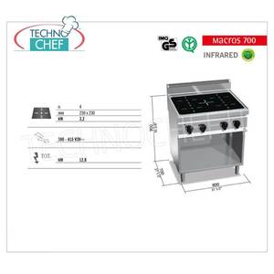 Cuisinière électrique 4 zones avec infrarouge sur meuble ouvert, Kw.12.8 - Product Image 4