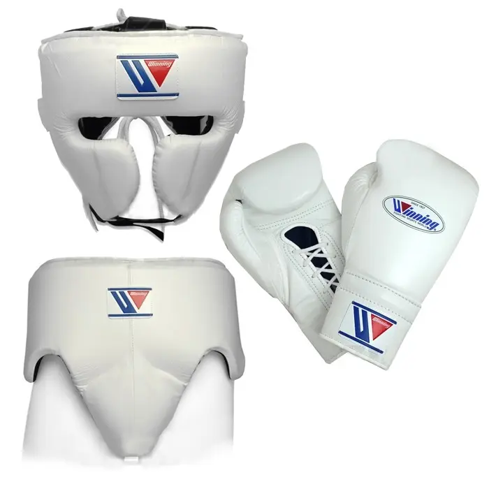 Kunden spezifisch gewinnende Leder Box handschuhe mit personal isiertem Logo Profession elles Training Sparing Box handschuhe Fokus Pad Kopfschutz Set