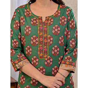 Green Butta <b>Block</b> <b>Printed</b> Cotton Kurta Pant Set with Mulmul Dupatta Pakistani Style Ethnic Net for Party Wear - Product Image 2