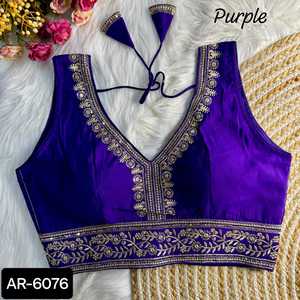 Indian Ethnic Wear Heavy Pure Roman <b>Silk</b> Ready Made Blouse with Embroidery Work <b>Sleeveless</b> Pattern Blouse with Attached Sleeve - Product Image 5