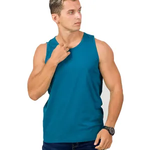 Harga murah kualitas tinggi pakaian Gym poliester tanpa lengan leher O desain kustom Tank Top Logo disesuaikan untuk pria