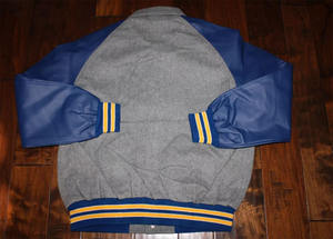 Customized Grey Varsity Jacket Type TBF-172 with Blue Faux Leather Sleeves Snap Buttons Ribbed Cuffs and Hem - Product Image 4