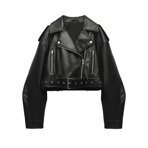 Chaqueta corta de motocicleta para mujer, abrigo de cuero PU negro transpirable con cinturón de punto relleno de algodón, novedad de otoño 2025 - Product Image 4