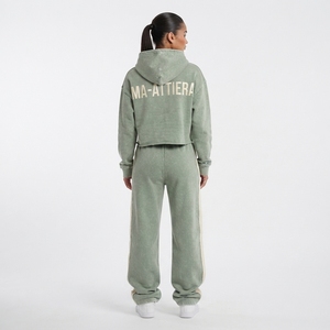 Custom <b>Women</b> Sage Green Acid Wash Cropped Hoodie Wide Leg <b>Jogger</b> Set Cotton <b>Fleece</b> Streetwear Tracksuit OEM - Product Image 2