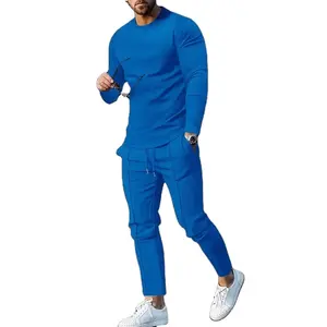 새로운 캐주얼 슬림 투피스 세트 남성 단색 의상 가을 레저 O 넥 긴 소매 T 셔츠와 바지 운동복 남성 정장