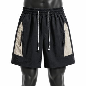 Pantalones cortos de nailon negros para hombre, cintura elástica con cordón, pantalones cortos deportivos informales de verano con bolsillos con cremallera, pantalones cortos de gimnasio con paneles laterales en contraste - Product Image 1